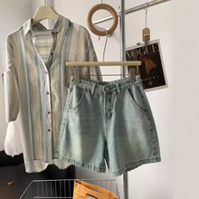 夏季短袖复古显瘦牛仔短裤女2024年高腰a小个子阔腿三分热裤