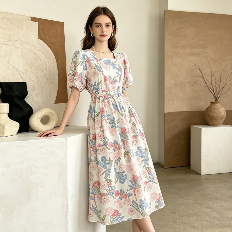 Cotton Silk Dress, Summer French Style Gentle Floral Dress for Women, Puff Sleeves, Waist-Cinching, Slimming, Mid-Length, Cool and Skin-Friendly Cotton Silk Dress, Summer French Style Gentle Floral Dress for Women, Puff Sleeves, Waist-Cinching, Slimming, Mid-Length, Cool and Skin-Friendly