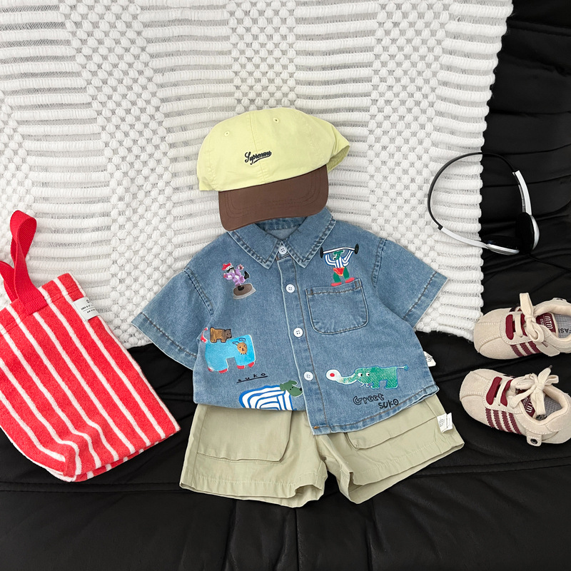 Camisas creativas coreanas de dibujos animados para niños graffiti vaqueros para bebés de verano sueltas camisas de moda de manga corta para bebés