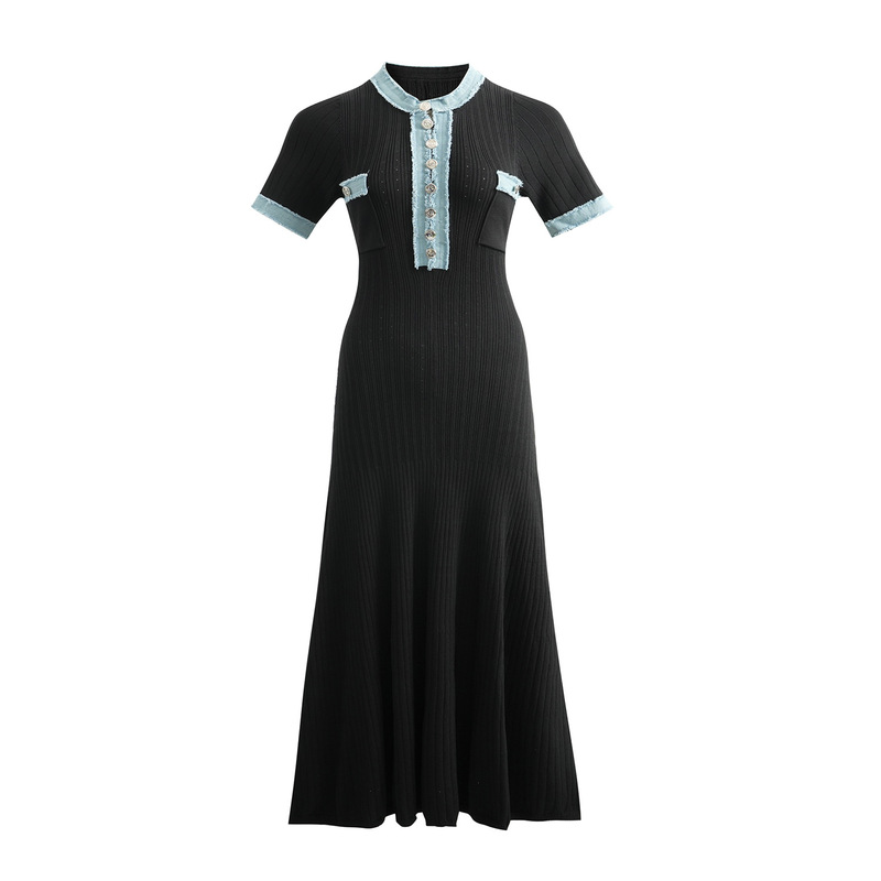Sd Light Luxury 2026 Spring/Summer New Denim Patchwork Dress Simple Waist-Cinching Chanel-Style Knitted Bodycon Long Dress