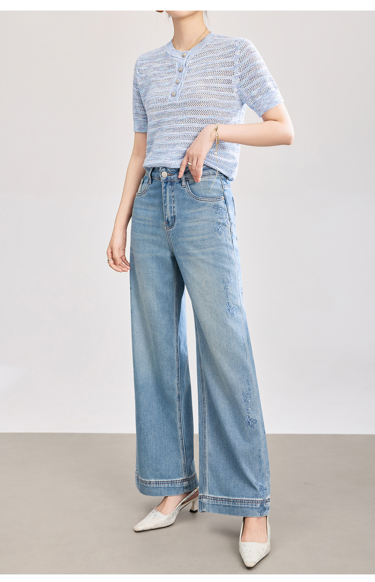 Quần jean nữ ống rộng chất liệu cotton phối lụa, thêu bướm đính kim cương — xanh lam chi tiết 23
