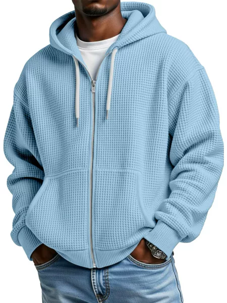 European and American Cross-Border 2025 New Amazon Independent Station Men's Waffle Jacquard Hooded Cardigan Zipper Sweatshirt