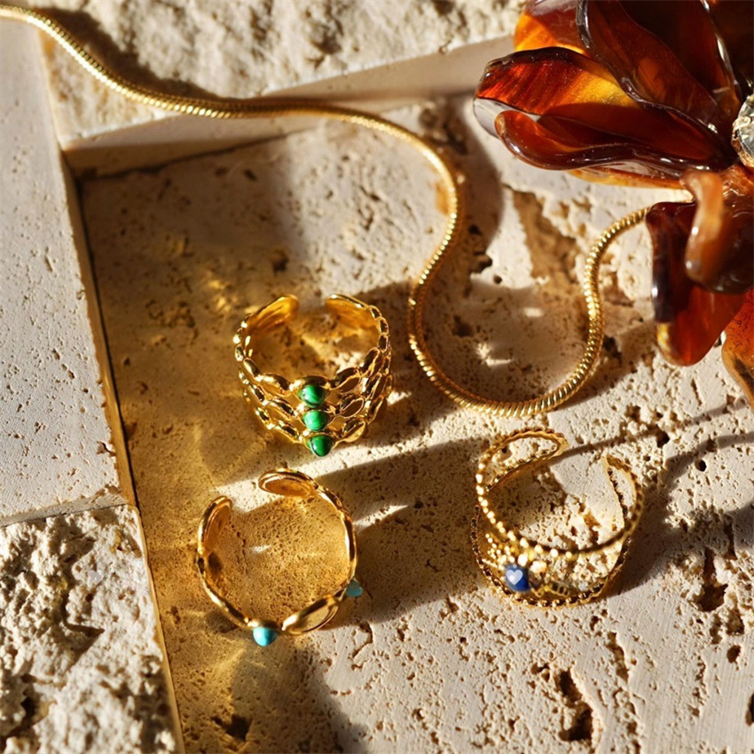 純銀新中式彩色仿天然石多層小眾戒指女輕奢高級感ins風開口指環