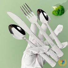 ✅亚马逊方柄锤纹420不锈钢牛排刀西餐具刀叉勺蛇纹餐具套装甜品