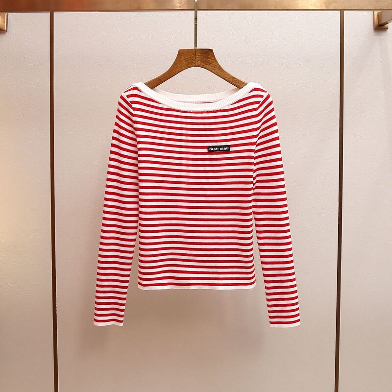 Shenzhen Nanyou High-End Women's Fashion Autumn and Winter New Korean Style Versatile Color-Blocking Off-Shoulder Striped T-Shirt Knit Top