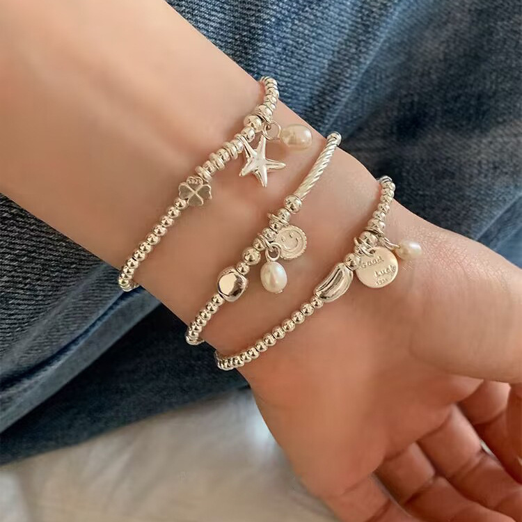 S925 Sterling Silver Simple High-end Starfish Smiley Pendant Beaded Bracelet Light Luxury Niche Exquisite Bracelet for Girlfriends