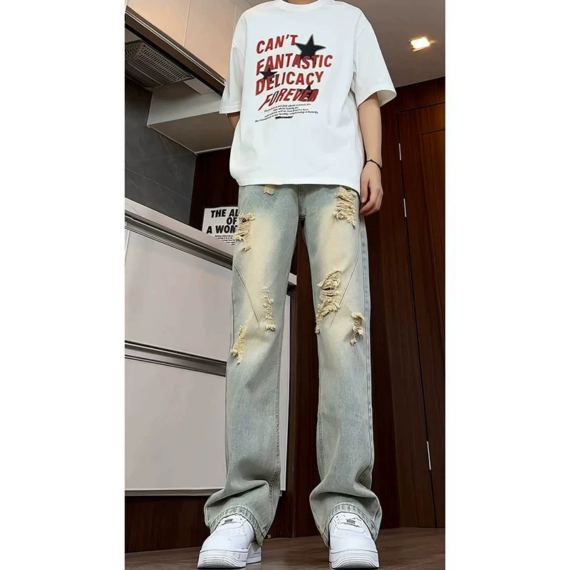 Retro summer thin jeans, design trousers, American style, trend of season, loose straight fit