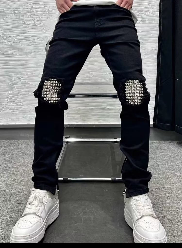 Men's Rivet Slim Fit Jeans Trendy Brand Black With Split Cuffs And Zipper Design Versatile Casual Stretch Skinny Long_viptrois.com