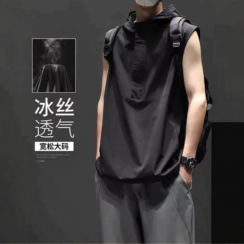 Summer Pullover American-Style Sports Fitness Basketball Sleeveless Vest for Men, Loose Hong Kong Style Sweatshirt T-Shirt Hoodie