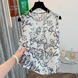 文艺复古v领水墨画无袖衬衫2025夏季独特减龄百搭舒适轻薄背心女