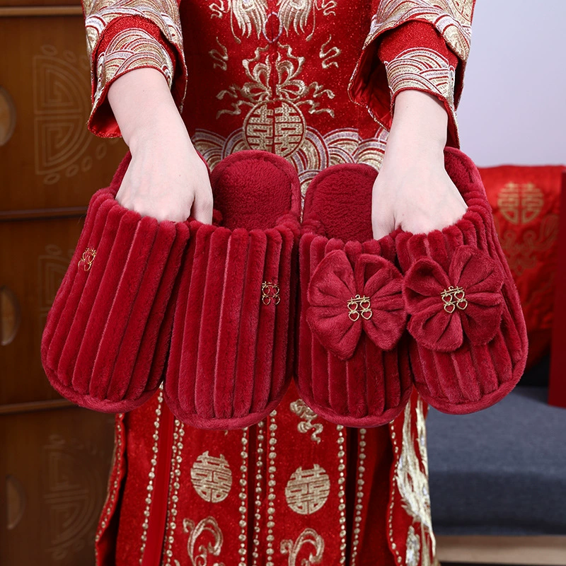 Свадебные тапочки для приданого, красные, для молодоженов, зимние, для дома, в стиле свадебного торжества.