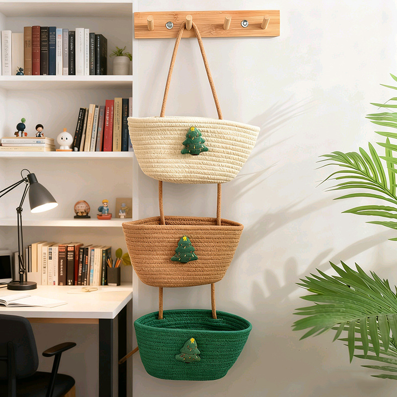 Cute Three-Layer Storage Rack Living Room Decoration Hanging Basket Bedroom Handmade Christmas Tree Hanging Storage Basket Entrance Flower Basket