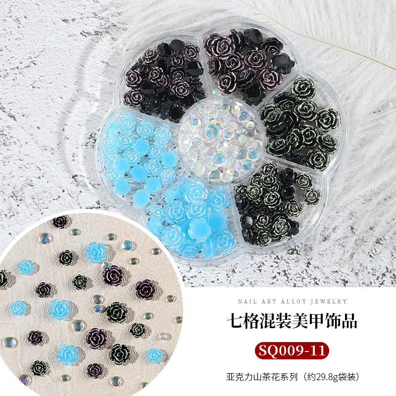 Seven-grid mixed Camellia nail jewelry bow flat diamond lollipop nail pequeña bola de acero Pearl Square Diamond