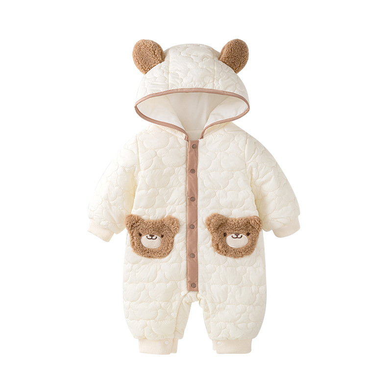 Ropa de bebé para otoño e invierno, conjunto de una pieza de algodón grueso con forro polar fino para niños, chaqueta de algodón con diseño de oso para recién nacidos, ropa para salidas de invierno.
