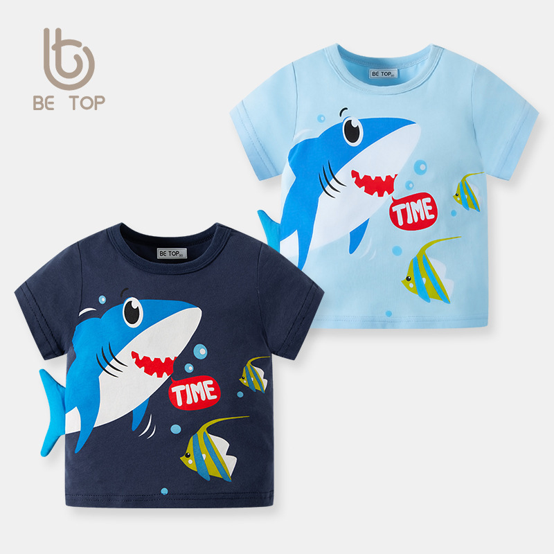 Personalizado nuevo estilo de dibujos animados de manga corta para niños, top de tiburón tridimensional, camiseta de algodón para niños, verano, verano, una pieza