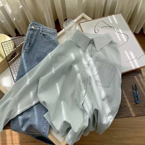 韩系设计纹理感净版长袖衬衫女春秋新款清新宽松防晒衣百搭上衣