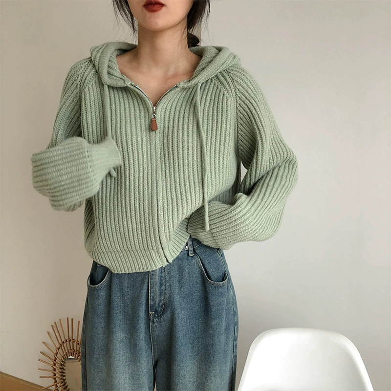 Кардиган-куртка с капюшоном короткий, oversize толстый трикотаж, осенний свитер — один размер