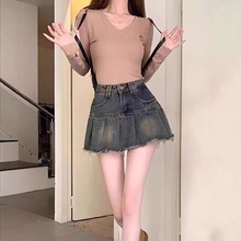 牛仔裙裤a版牛仔短裙女a字夏季薄款辣妹设计感牛仔百褶裙高腰显瘦