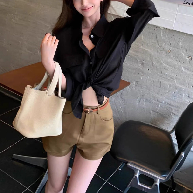 赫本风法式小众黑色衬衫女夏正肩独特气质长袖衬衣早秋设计感上衣|undefined