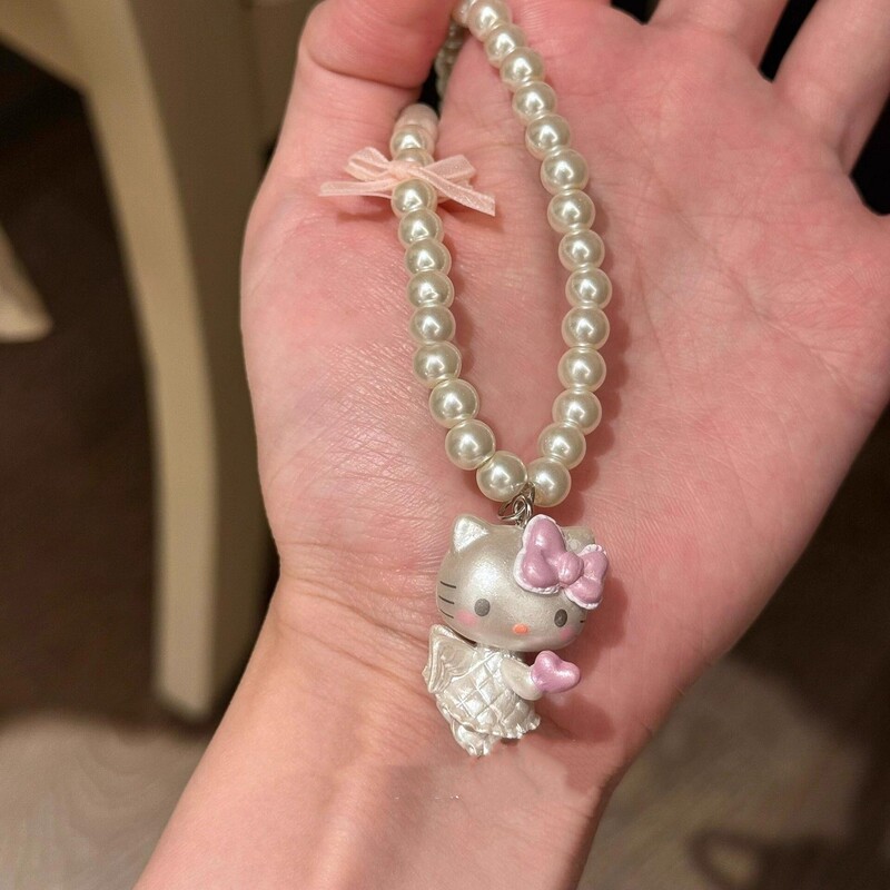 可爱粉色系带蝴蝶结KT猫坠珍珠项链少女心甜美精致通勤百搭锁骨链|undefined