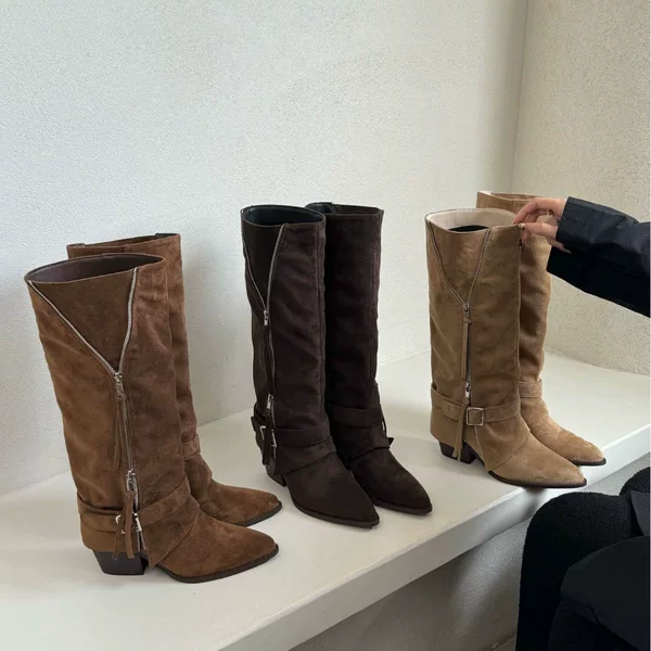 [Excluding tax] Chunky-heeled French retro pointed-toe western cowboy long boots for women, 2026 new high-tube riding boots