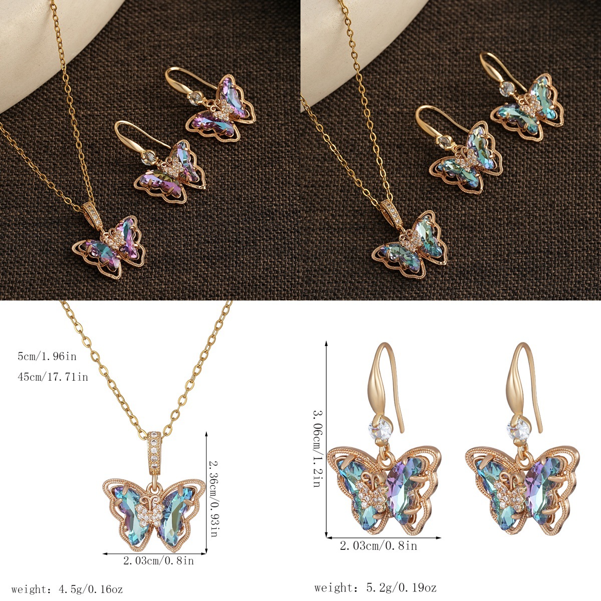Butterfly Earrings, High-End Copper Gold-Plated Micro-Encrusted Colorfuled Crystal Glass Ear Hook Earrings, Stainless Steel Chain Necklace Set