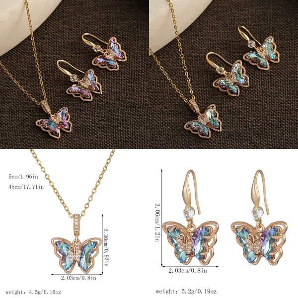 Butterfly Earrings, High-End Copper Gold-Plated Micro-Encrusted Colorfuled Crystal Glass Ear Hook Earrings, Stainless Steel Chain Necklace Set