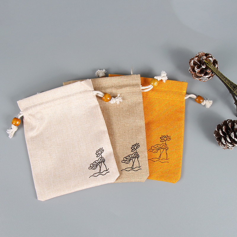 现货荷花麻布袋小布袋字抽绳棉麻束口袋首饰文玩包装袋印制LOGO