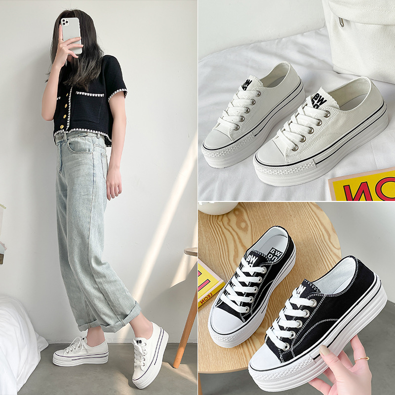 增高帆布鞋女春夏薄款浅口低帮厚底松糕透气小白鞋板鞋潮范顺9110