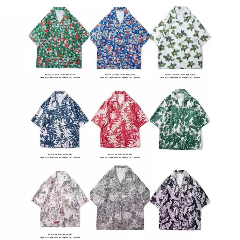 Hong Kong Style Short-Sleeved Shirts for Men and Women, Summer Loose and Thin Hawaiian Beach Floral Cuban Collar Floral Shirts