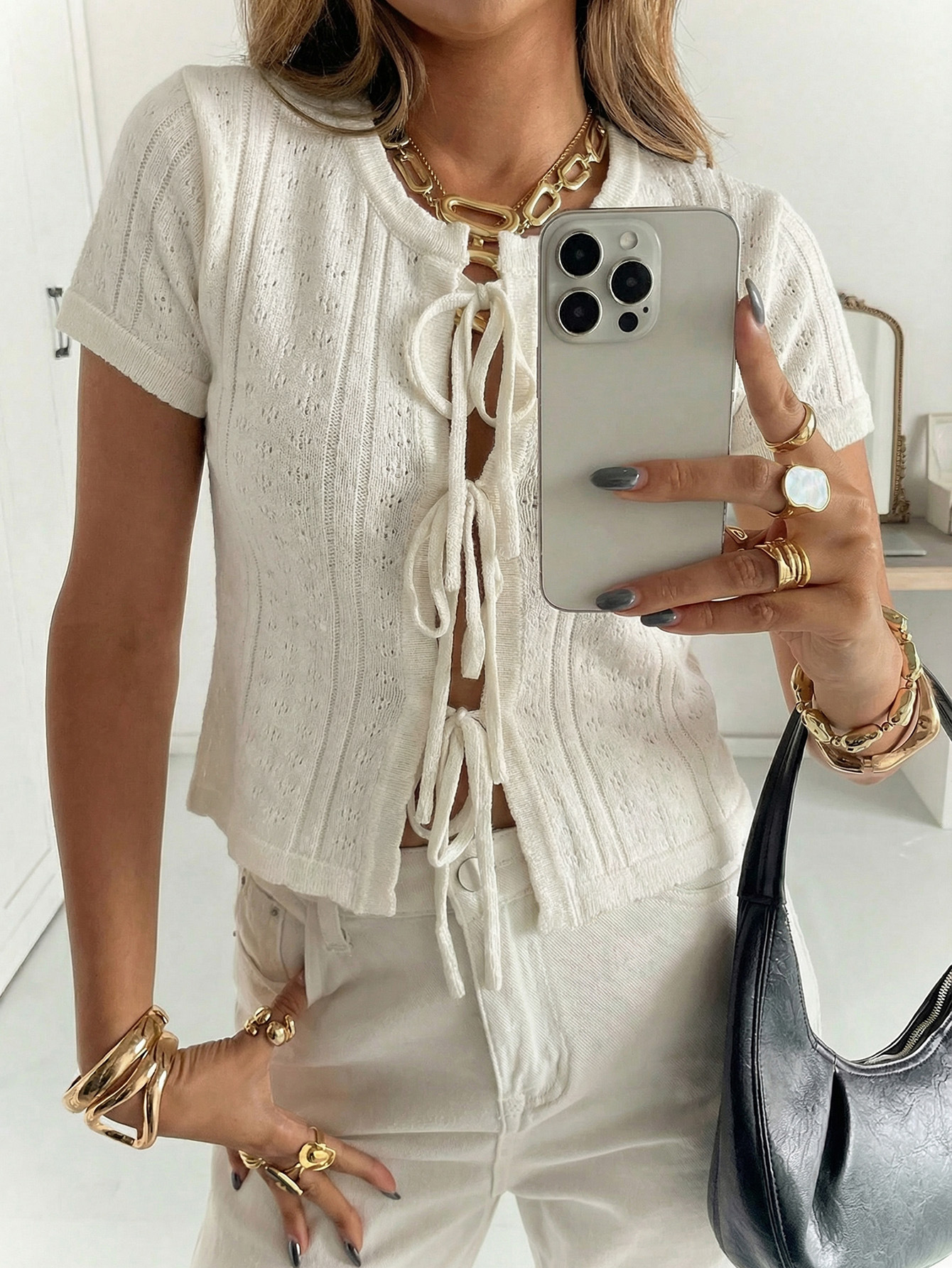 Kaikuo2026 primavera y verano transfronterizos de Europa y América ropa de mujer suave viento agujerado cardigan de lana correa casual camisa de manga corta image 2