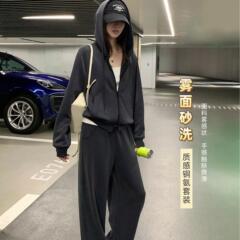 阿一 重磅砂洗铜氨套组 连帽卫衣外套＋卫裤套装女秋季运动休闲