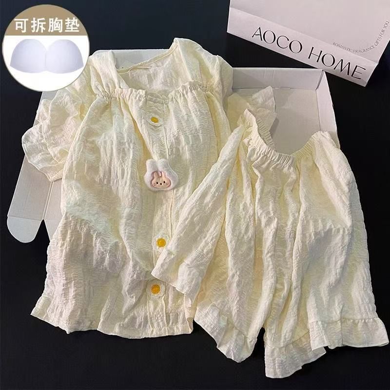 Venta al por mayor transfronteriza de verano con almohadilla para el pecho pijamas de algodón de nube pantalones cortos de manga corta para mujer estilo palacio conejo color sólido traje de servicio a domicilio