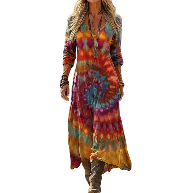 Shipped Within 48 Hours Wisheaby Amazon's New Foreign Trade Women's Clothing V-Neck Imitation Cotton Extended-Length Dress