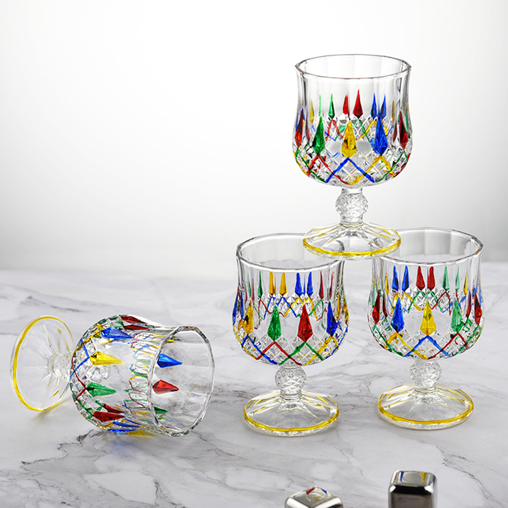 家居生活摆件好物 手工彩绘七彩红酒高脚杯 复古彩绘玻璃冰河杯