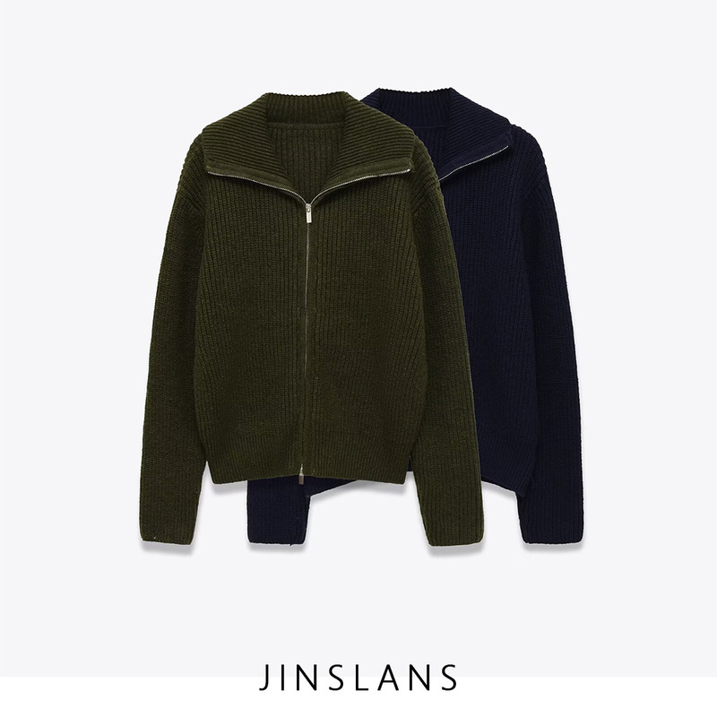 Cross-Border Za European and American Style Women's Clothing Aliexpress Ins Popular Fashion Versatile Asos Zipper Jacket Knitted Sweater