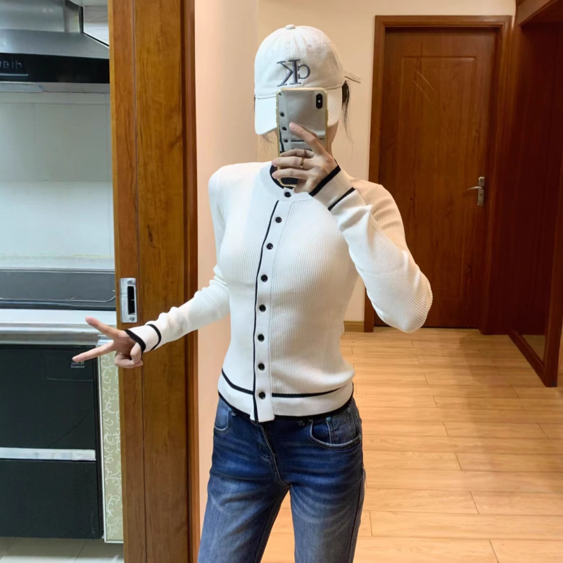 韩系小香风撞色毛衣开衫外套女秋季小个子显瘦修身针织打底衫上衣|undefined