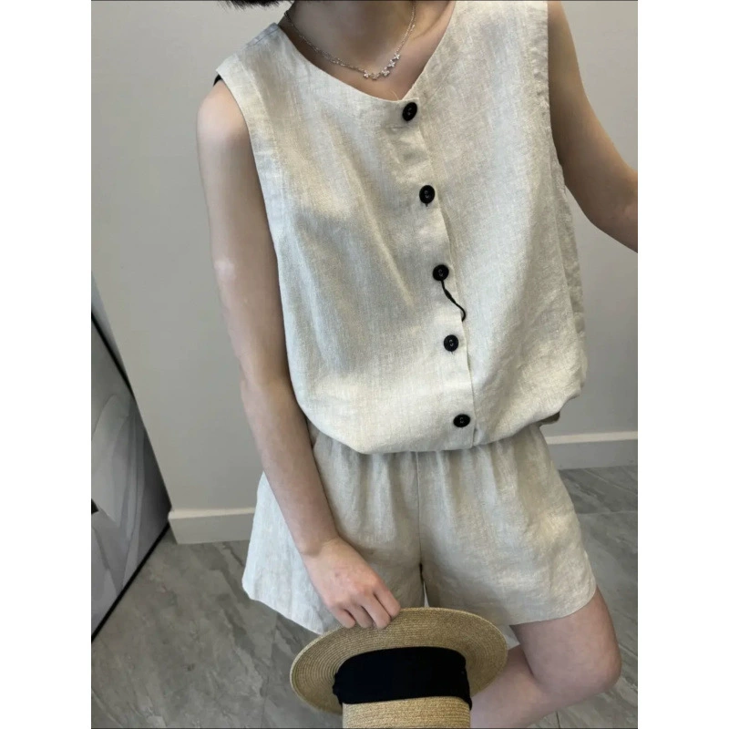 Корейский шикарный льняной костюм для женщин: летний свободный топ без рукавов и шорты с высокой талией и широкими штанинами, комплект из двух предметов