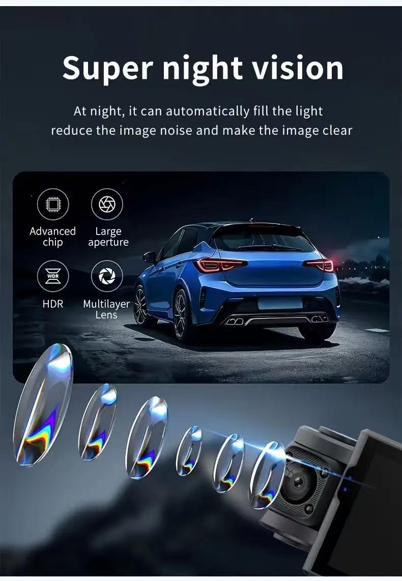 Four-lens dashcam with front and rear dual recording + four-way HD night vision for left and right blind spots, and app connectivity for reverse image display