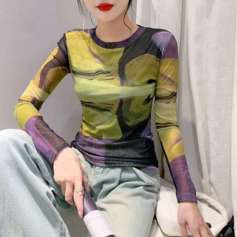 Прямые продажи с фабрики европейские товары 2023 осенне-зимняя мода Марля позиционирование печать с длинным рукавом вокруг шеи тонкий Стройный топ в западном стиле