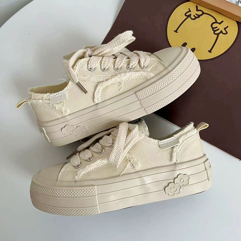 2023 spring and summer canvas shoes for women ulzzang lace-up tassels Korean version all-match casual shoes ins Hong Kong style skateboard shoes