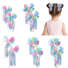 跨境蝴蝶结发夹卷卷花儿童发卡彩虹渐变色流苏女孩马尾辫头饰发饰