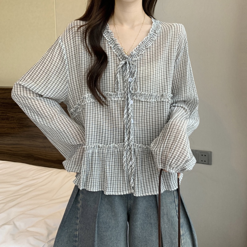 大码女装边v领格纹长袖衬衫秋季新款胖mm遮肚显瘦超好看上衣|undefined