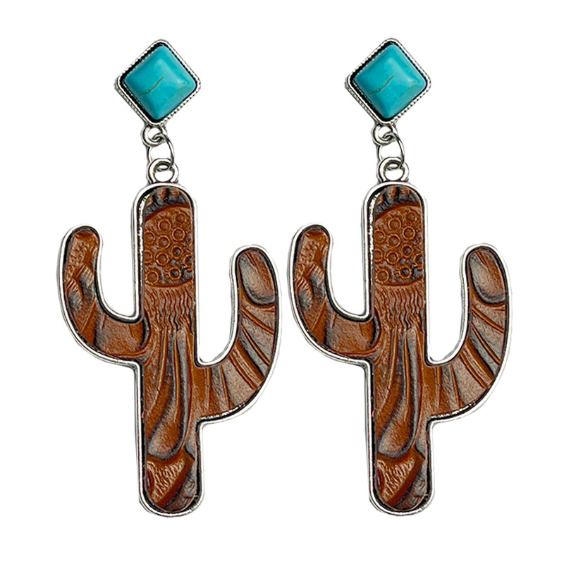 Retro Cactus Alloy Inlay Turquoise Women's Drop Earrings 1 Pair display picture 6