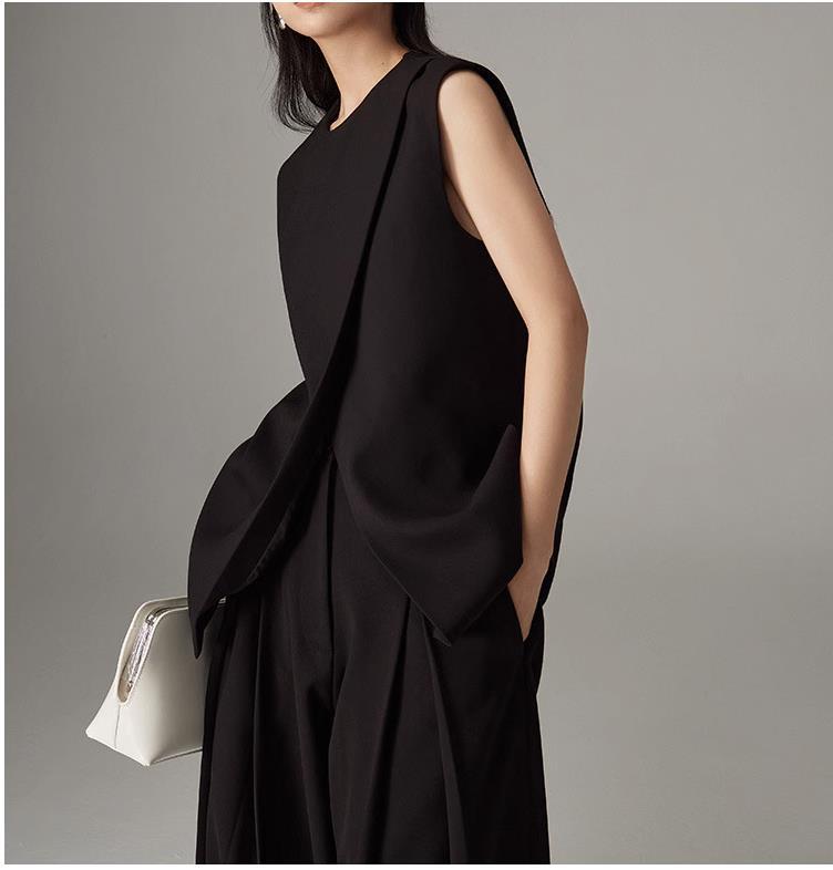 GraceChic Cross-Border Strong Twist Fabric Three-Dimensional Cutting Irregular Silhouette Draped Double Pleat Slimming Suit Vest_voghion.com