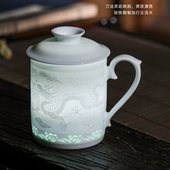 景德鎮純手工辦公杯影青玲瓏大容量喝水杯子分離茶漏高檔送禮陶瓷