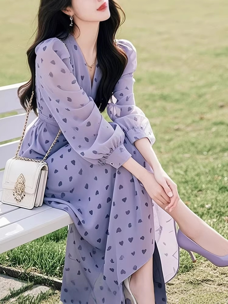 Váy dài maxi nữ họa tiết hoa tình yêu kiểu Pháp cổ điển — Hoa tím