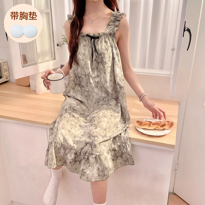 2024 pijama de verano burbuja arrugado ancho cinturón pijama para mujeres cojín de pecho fresco in viento estudiante ropa de hogar