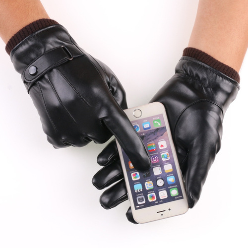 Autumn and winter men's touch screen gloves outdoor cycling and skiing cold-proof plus velvet warm gloves three-line ruffled leather gloves