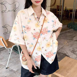 复古港味日系短袖碎花衬衫女设计感小众宽松夏威夷度假休闲衬衣夏